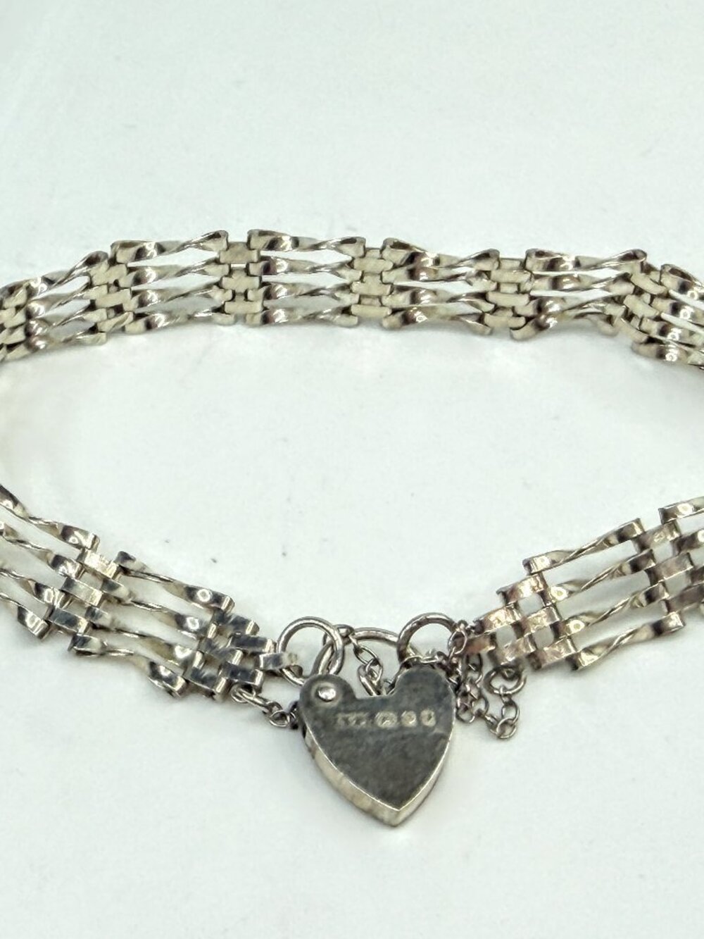 Vintage Sterling Silver Multi Strand Gate Bracelet Heart Padlock 7.25" JR1557